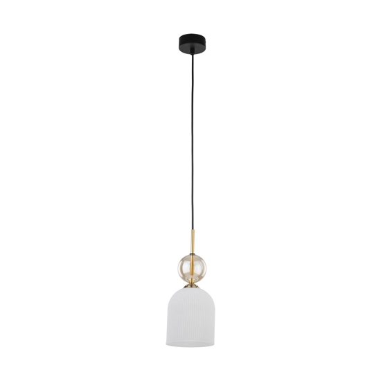 Lampada a sospensione in vetro bianco sfera ambra stile contemporaneo